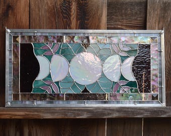 Stained Glass Moon Phase Panel with Tropical Leaves Sun Catcher in Purple Pink Teal and Iridescent