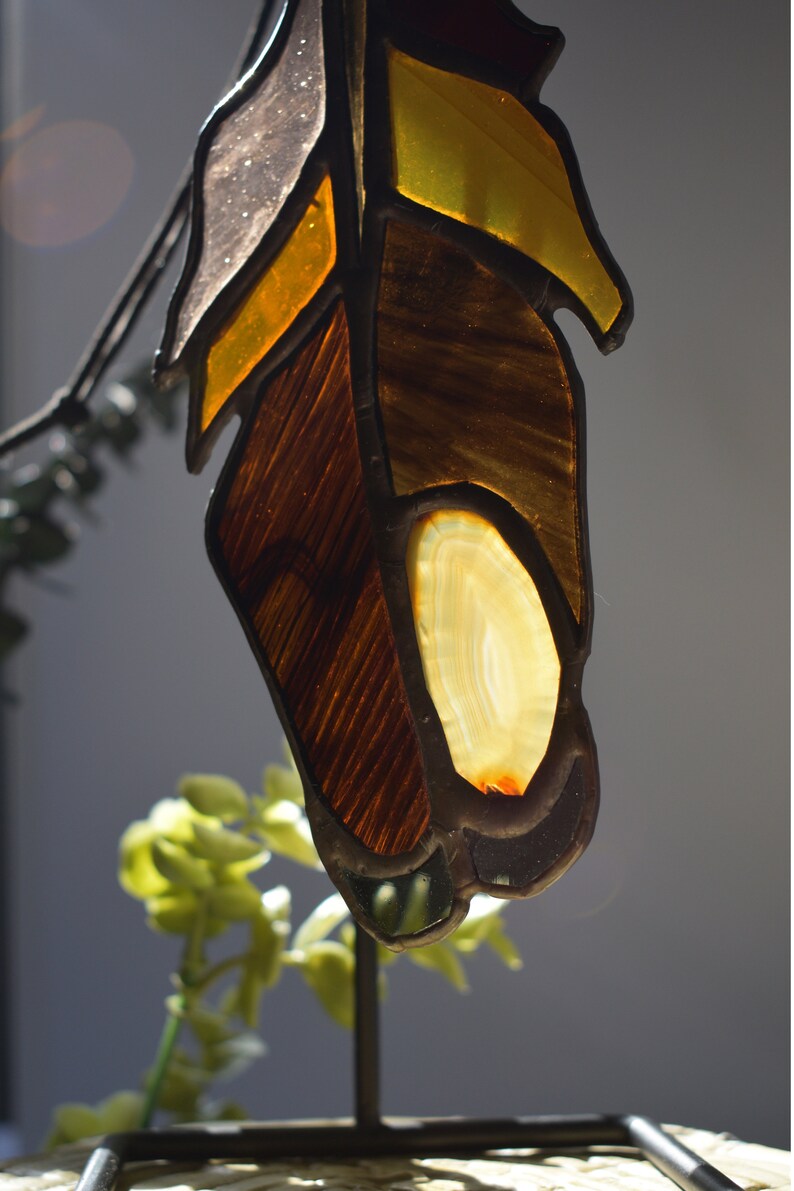 Handmade Stained Glass Feather Suncatcher with Natural Agate Slice Gray and Golden Brown image 3