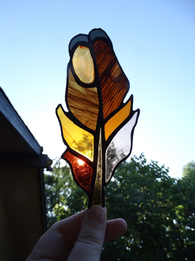 Handmade Stained Glass Feather Suncatcher with Natural Agate Slice Gray and Golden Brown image 8