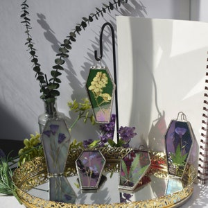 Stained Glass Iridescent Pressed Botanicals Coffin Suncatcher in Your Choice of Color image 1