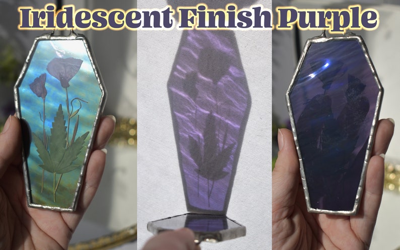 Stained Glass Iridescent Pressed Botanicals Coffin Suncatcher in Your Choice of Color Iridescent Purple