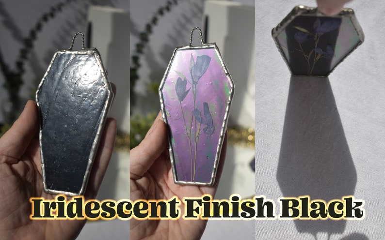 Stained Glass Iridescent Pressed Botanicals Coffin Suncatcher in Your Choice of Color Iridescent Black