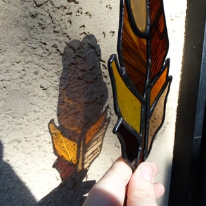 Handmade Stained Glass Feather Suncatcher with Natural Agate Slice Gray and Golden Brown image 7