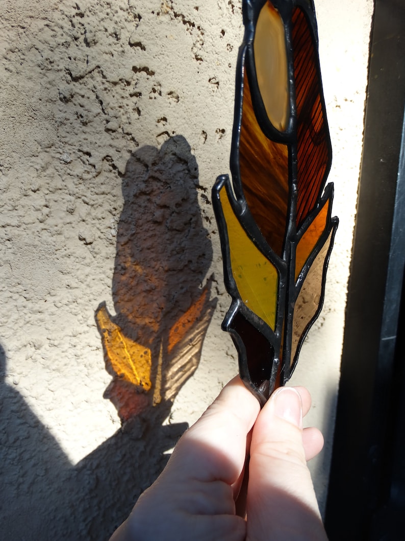 Handmade Stained Glass Feather Suncatcher with Natural Agate Slice Gray and Golden Brown image 7