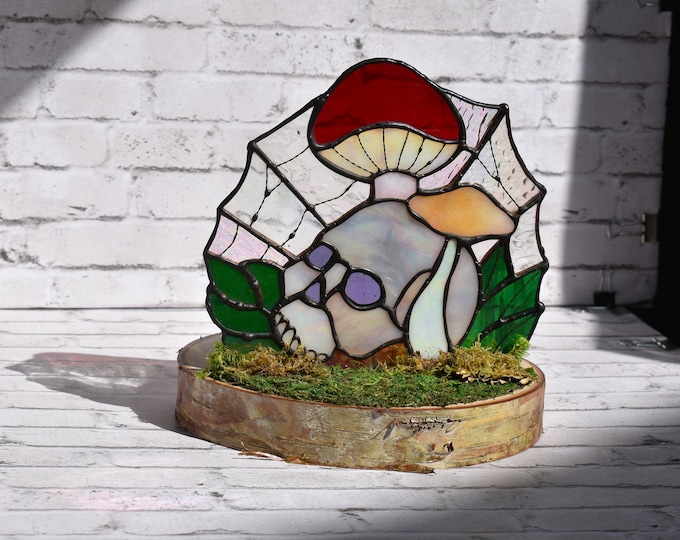 Featured listing image: Handmade Stained Glass Luminary Memento Mori Skull with Fungi Leaves and Human Skull on Birch Wood Slice with Preserved Moss