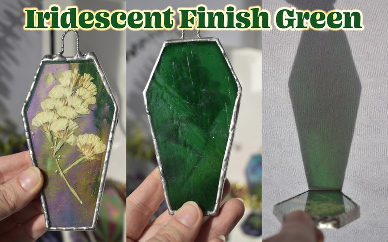 Stained Glass Iridescent Pressed Botanicals Coffin Suncatcher in Your Choice of Color Iridescent Green