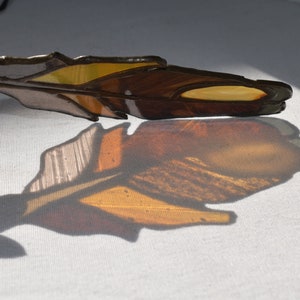 Handmade Stained Glass Feather Suncatcher with Natural Agate Slice Gray and Golden Brown image 5