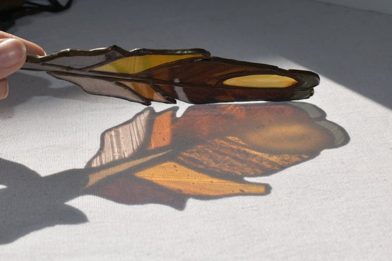 Handmade Stained Glass Feather Suncatcher with Natural Agate Slice Gray and Golden Brown image 5