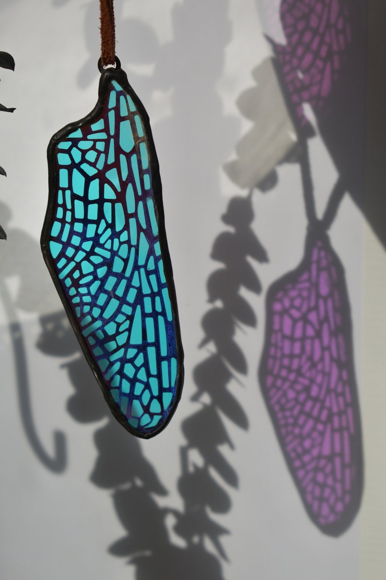 Laser Cut Stained Glass Laminated Dichroic Film Dragonfly Back Wing image 1