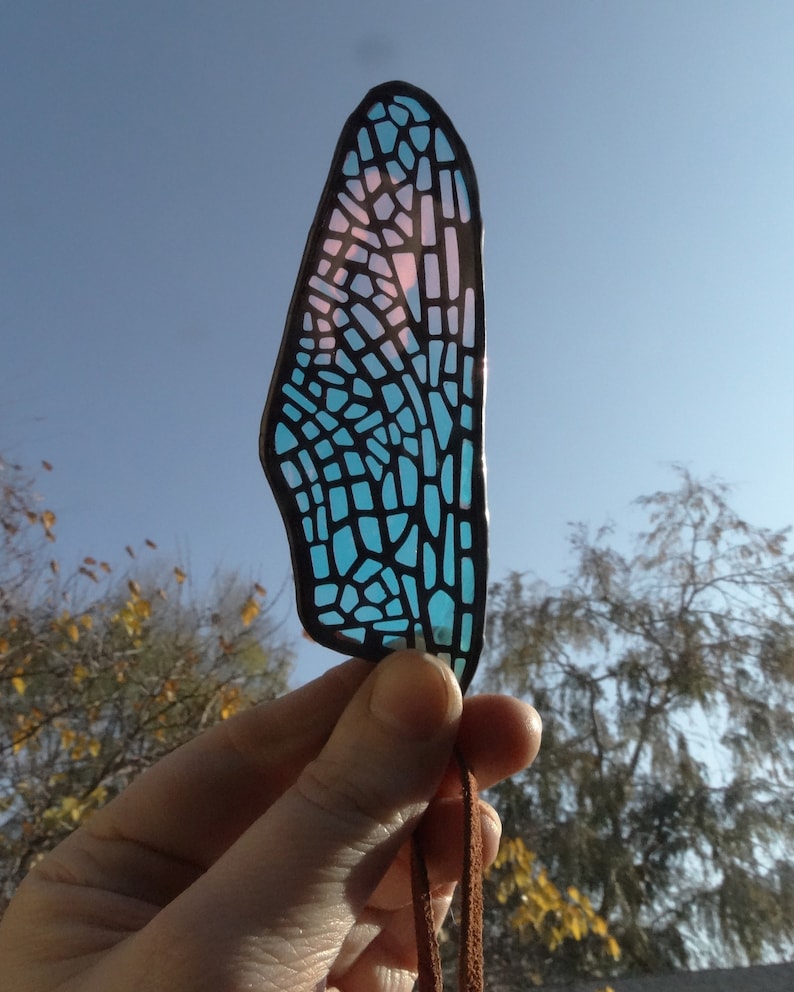 Laser Cut Stained Glass Laminated Dichroic Film Dragonfly Back Wing image 5