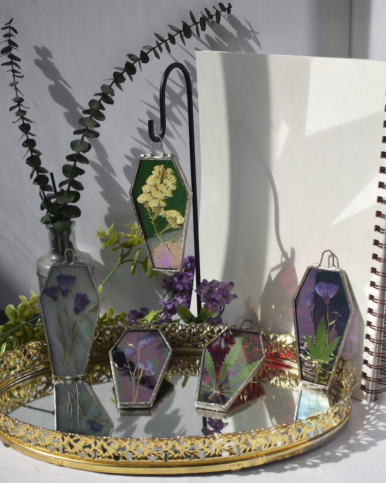 Stained Glass Iridescent Pressed Botanicals Coffin Suncatcher in Your Choice of Color image 2