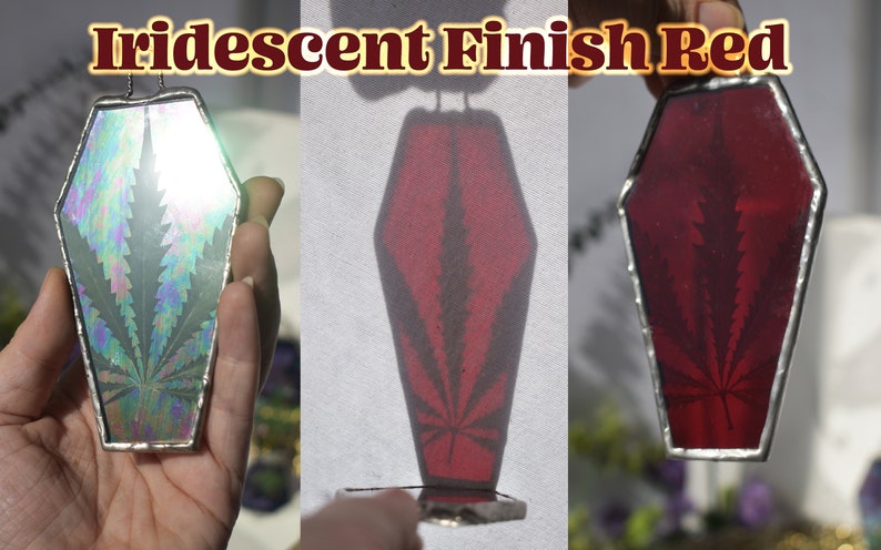 Stained Glass Iridescent Pressed Botanicals Coffin Suncatcher in Your Choice of Color Iridescent Red