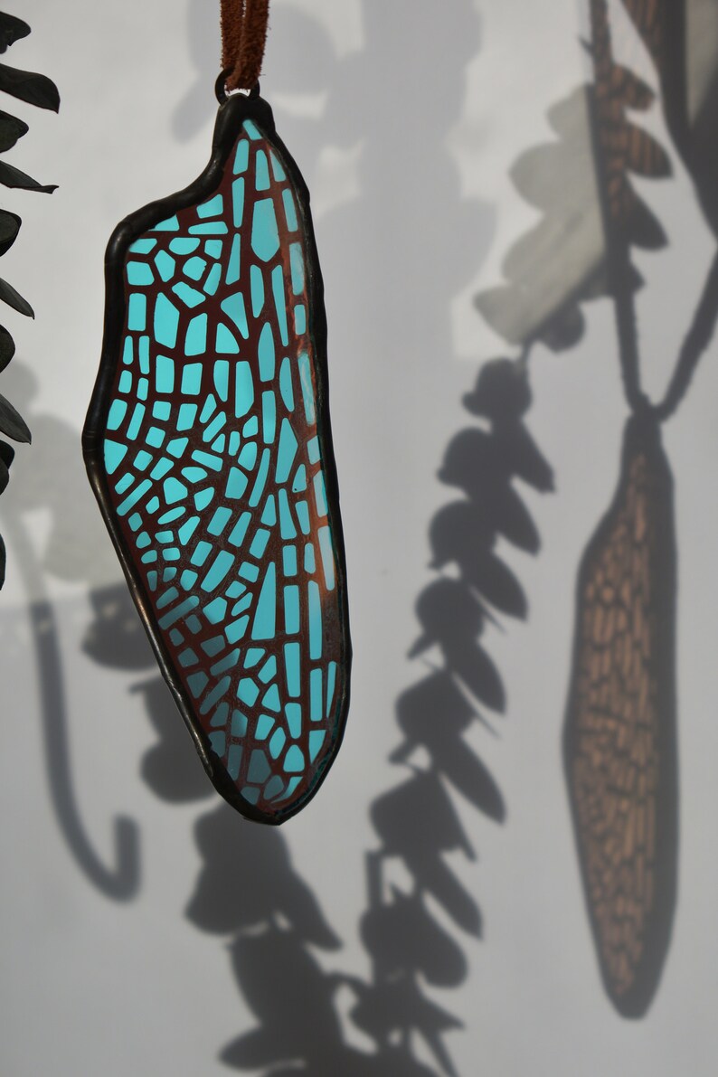 Laser Cut Stained Glass Laminated Dichroic Film Dragonfly Back Wing image 3