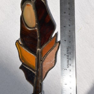 Handmade Stained Glass Feather Suncatcher with Natural Agate Slice Gray and Golden Brown image 4