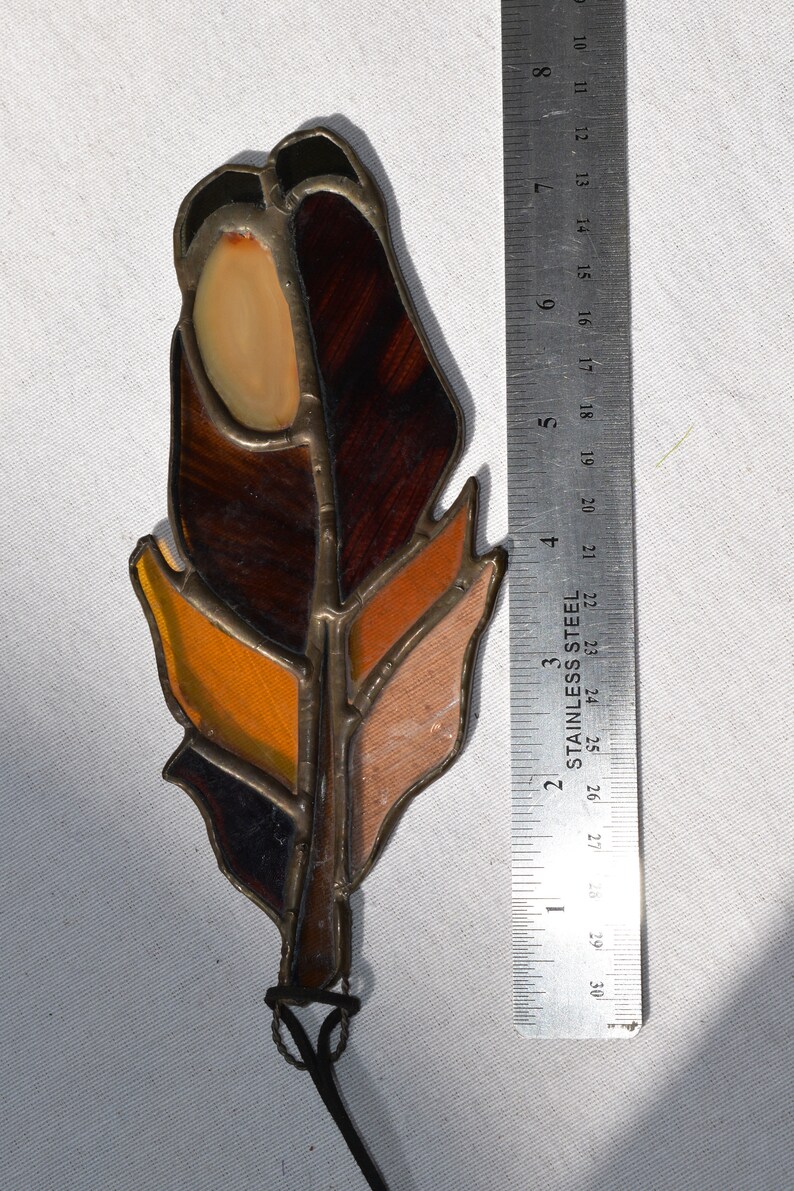 Handmade Stained Glass Feather Suncatcher with Natural Agate Slice Gray and Golden Brown image 4