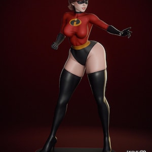 May include: A stylized figurine of a character with short brown hair, wearing a red long-sleeved top with a yellow and black circular logo on the chest, black high-waisted briefs, black gloves, and black thigh-high boots, standing on a red base.