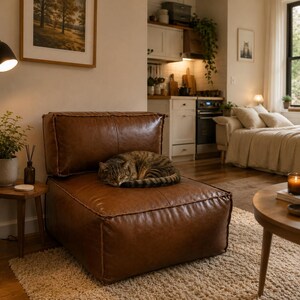 May include: A low-profile, armless modular chair upholstered in brown leather with visible stitched seams. The square-shaped seat and backrest form a single unit, providing a firm surface where a tabby cat is currently curled up and sleeping.