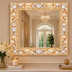 May include: A square wall mirror featuring a wide, ornate gold frame decorated with numerous clear, faceted crystals arranged in heart and floral patterns. The reflective surface shows a room with a chandelier and glass doors.