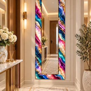 May include: A tall, rectangular floor mirror featuring a decorative frame with a vibrant, swirling agate-inspired pattern in shades of deep blue, magenta, turquoise, and white, accented with shimmering gold-toned metallic veining throughout.