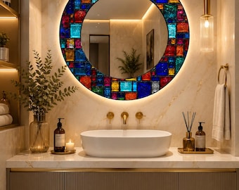 Colorful Stained Glass Round Mirror, Mosaic Wall Mirror, Rainbow Glass Bathroom Mirror, Modern Art Vanity Mirror, Luxury Decorative Mirror