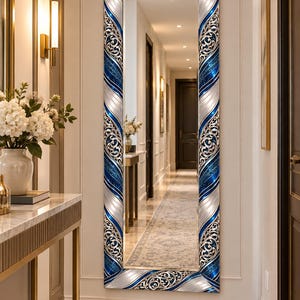 Navy Blue Silver Wall Mirror, Elegant Long Rectangular Mirror, Luxury Hallway Mirror, Ornate Entryway Decor, UV Printed Glass Mirror