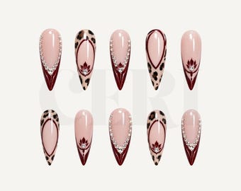 Red Burgundy Cat Eye Press On Nails, Long Almond Red Nails, Lace Pearl Nail, 3D Floral Fake Nails, Cat eye Nails, Vintage Nails, Prom Nails