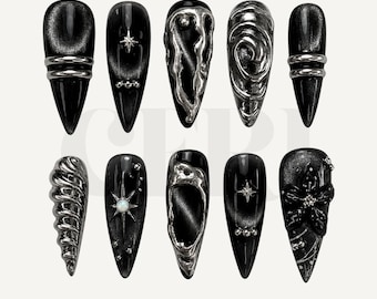 Unhas postiças cromadas, unhas postiças longas quadradas com estampa de zebra, caixa de unhas feita à mão, unhas metálicas prateadas, unhas postiças glamourosas estilo anos 2000, unhas estilete.