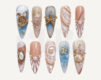 Zomerpers op nagel, 3D-schildpad en zeester, op oceaan geïnspireerde nepnagel, handgemaakte nailart, vakantienagels, vakantienagelbox, verjaardagsnagels