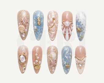 夏用プレスオンネイル、3Dカメ＆ヒトデ、海をイメージしたつけ爪、ハンドメイドネイルアート、ホリデーネイル、バケーションネイルボックス、バースデーネイル