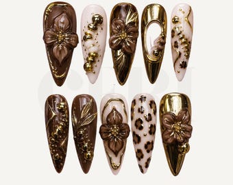 Uñas postizas color marrón dorado cromado, uñas con estampado floral de leopardo en 3D, uñas de lujo estilo Barbie Glam, uñas largas de aguja hechas a mano, set de uñas llamativo