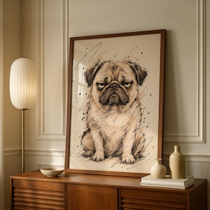 May include: A framed wall art print featuring a detailed sketch of a pug dog with a grumpy expression. The artwork uses black ink lines and light brown shading on a cream background, presented in a simple dark wood frame.