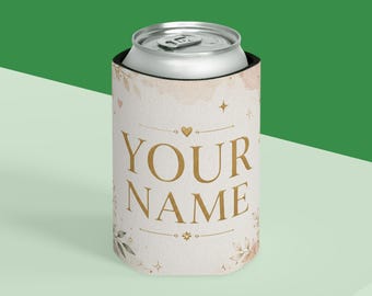 Floral Name Can Cooler | Personalized Can Cooler, Neutral Boho Beverage Sleeve