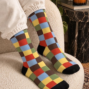 Colorful Checkerboard Socks | Retro Geometric Pattern, Recycled Poly