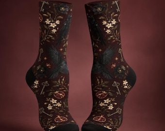 Victorian Floral Pattern Socks | Dark Vintage Botanical Crew Socks