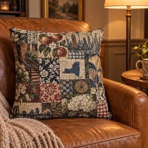 May include: A square throw pillow featuring a patchwork design of woven fabric panels. The pattern includes illustrations of apples, a staircase, a map of New York State, floral motifs, and geometric shapes in shades of blue, red, and green.