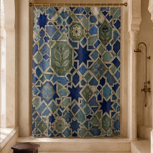 May include: A shower curtain featuring a geometric tile pattern in shades of deep blue, teal, and sage green. The design includes interlocking star and diamond shapes with subtle botanical illustrations of leaves and flowers within some segments.
