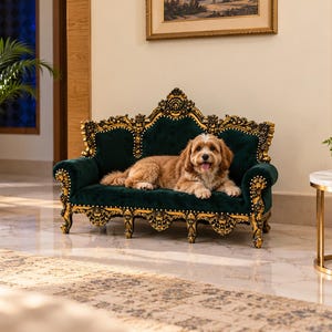 May include: A small pet sofa featuring deep green velvet upholstery and an ornate, carved gold-painted wooden frame with intricate detailing. A light brown, curly-haired dog is lying comfortably on the center of the cushioned seat.