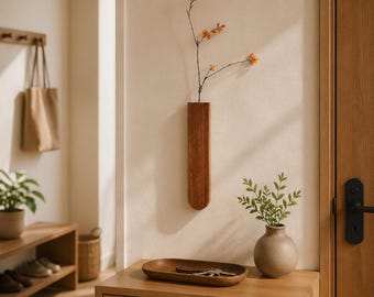 May include: A vertical, rounded-bottom wooden wall vase holding a single thin branch with small orange flowers. The vase is mounted on a light-colored wall above a wooden cabinet featuring a shallow wooden tray with keys and a small, round ceramic vase.
