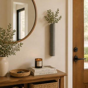 May include: A cylindrical gray wall-mounted vase containing green leafy stems, positioned above a wooden console table holding a woven tray, a lit candle in a glass jar, and two stacked books with the text This Is Home and Live Beautifully.