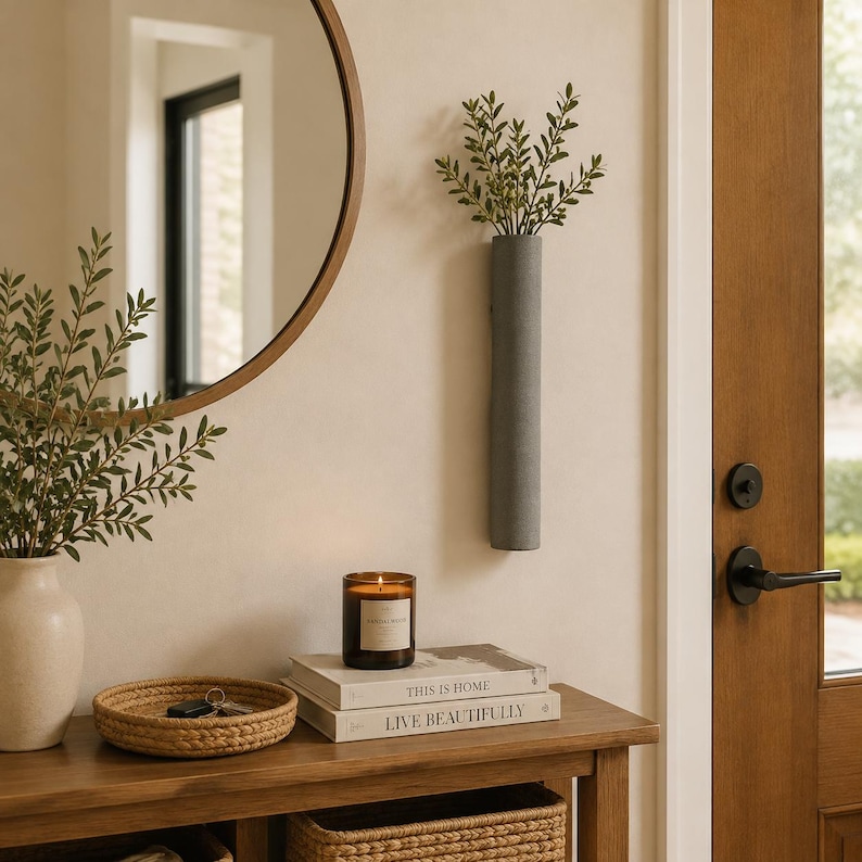 May include: A cylindrical gray wall-mounted vase containing green leafy stems, positioned above a wooden console table holding a woven tray, a lit candle in a glass jar, and two stacked books with the text This Is Home and Live Beautifully.