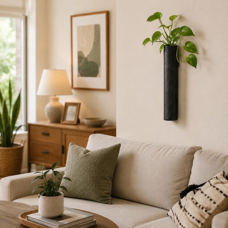 May include: A cylindrical black wall-mounted planter with a textured surface, holding a green pothos plant with trailing leaves. The planter is mounted vertically on a plain light-colored wall above a sofa, providing a sleek display for greenery.
