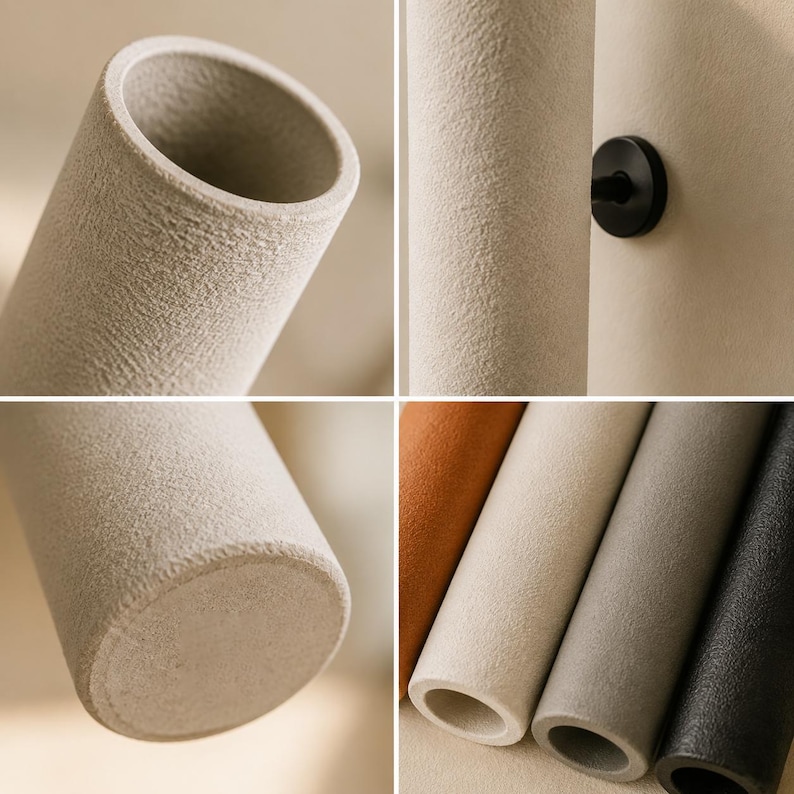 May include: A collection of cylindrical vases with a textured, matte finish. The vases are available in various colors including beige, orange, gray, and black. Each piece features a hollow center and a simple, clean, tubular design.
