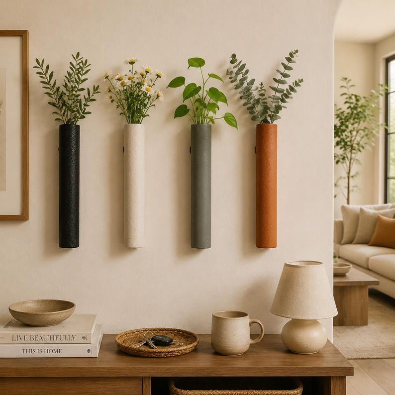 May include: Four cylindrical wall-mounted vases in black, off-white, gray, and terracotta, each holding green foliage or white flowers. The vases are arranged in a horizontal row on a plain wall above a wooden console table with decor items.