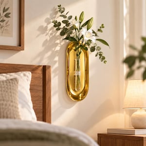 Könnte beinhalten: Eine goldfarbene, ovale Wandplatte aus Metall mit einer mittig angebrachten Reagenzglasvase aus klarem Glas. Die Vase enthält einen Strauß aus weißen Lilienblüten und grünen Eukalyptuszweigen, die ein vertikales Blumenarrangement bilden.