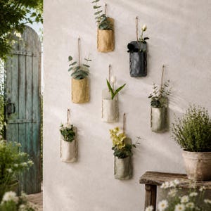 May include: Six wall-mounted hanging pouches in various neutral colors, each featuring visible side stitching and a thin cord for suspension. These pouches hold assorted green plants and flowers, including white tulips and yellow blossoms.