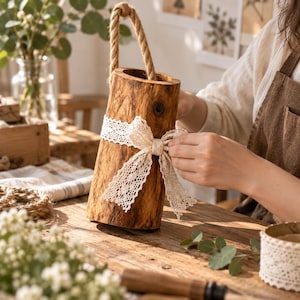 Könnte beinhalten: Eine zylindrische Holzvase mit natürlicher Rindenstruktur, ausgestattet mit einem dicken Juteseilgriff am oberen Rand und einem dekorativen cremefarbenen Spitzenband, das als Schleife um die Mitte der Außenfläche gebunden ist.