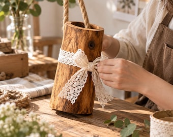 May include: A cylindrical wooden vase with a natural bark texture, featuring a thick jute rope handle attached to the top rim and a decorative cream-colored lace ribbon tied in a bow around the center of the exterior surface.