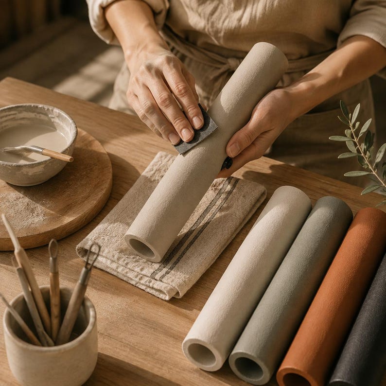 May include: A set of cylindrical ceramic tubes in various colors including beige, gray, terracotta, and black. One beige tube is being sanded with a small rectangular piece of sandpaper. Pottery tools are visible in a ceramic cup and a bowl.