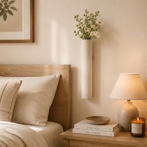 May include: A cylindrical, textured off-white wall-mounted vase holding a bouquet of small white flowers. The vase is mounted on a plain wall above a wooden nightstand, which features a lamp, a small bowl, and two stacked books titled Kinfolk.