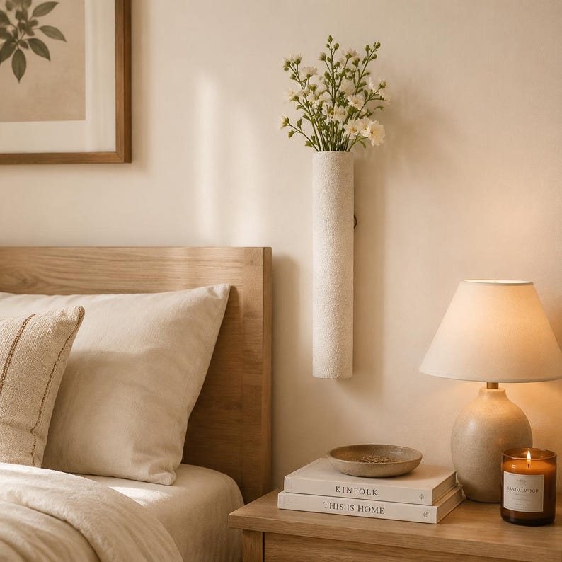 May include: A cylindrical, textured off-white wall-mounted vase holding a bouquet of small white flowers. The vase is mounted on a plain wall above a wooden nightstand, which features a lamp, a small bowl, and two stacked books titled Kinfolk.